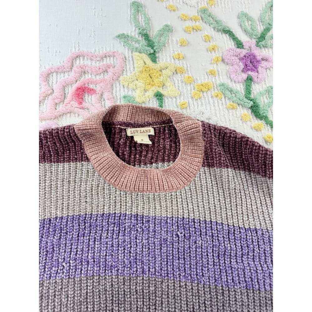 Luv Lane Chenille Striped Cropped Sweater Purple Pink Grey Small - Picture 7 of 7